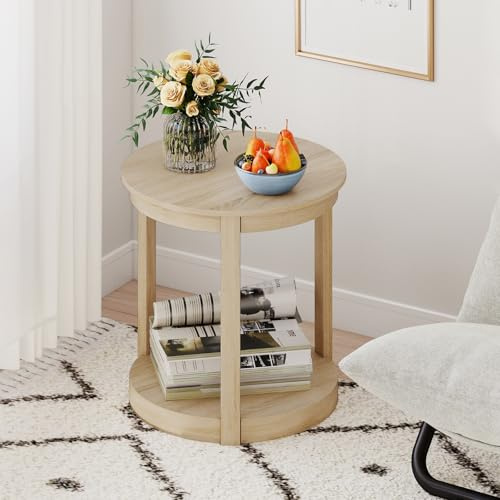 GIANTEX Table basse ronde Ø 60,5 cm, table d'appoint de salon à 2 niveaux, table basse, table de téléphone en bois d'hévéa, table basse pour maison de campagne, table pour salon, bureau, maison (chêne