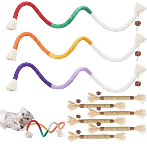 Hnjindong 9 Stück Kauspielzeug Katze, 6 Stück Matatabi Stick Katze, 3 Stück Katzen Spielzeug Beißseil 70 cm Katzen Katzenminze Pflanze Toys für Katzen Zahnpflege&Gegen Mundgeruch,Gesund Hygiene