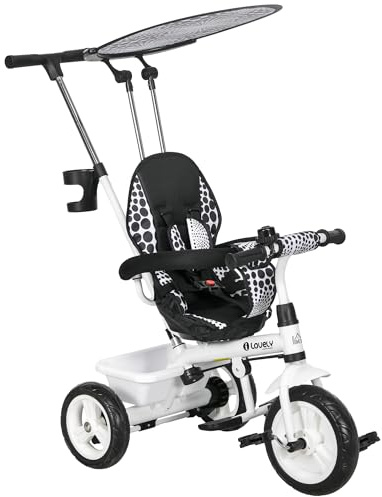 HOMCOM Triciclo per Bambini con Maniglione di Spinta, Tettuccio, Barra di Sicurezza e Box Portaoggetti, Triciclo Passeggino in Metallo, Plastica e Poliestere, 105x47x89 cm, Bianco e Nero