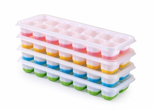 Iskubsform i silikon med lock BPA-fri, 4-pack isbitsbehållare stapelbara, säkra hälsosamma isbitar, form för babygröt, cocktail, whiskykaffe (blå + grön + rosa + gul)
