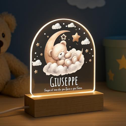 PV Grafik® Lampada Personalizzata Regalo Natale Bambino, Cameretta Bimbo, Luce Notturna Orsetto, Regalo Battesimo Bambino, Regalo Madrina Personalizzato Neonato, Lampada con Nome.(S2)