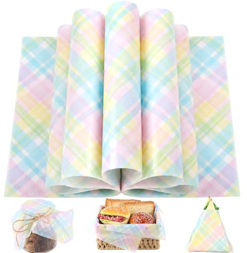 150 Sheets Pastel Plaids Wax Paper for Food, 9.8 x 8.3 inch Spring Buffalo Plaids Greaseproof Wrapping Paper for Easter Cocktail Sandwich Picnic Basket Liner Supplies
