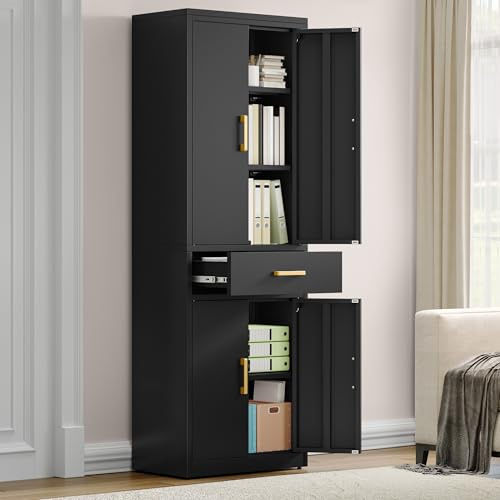 YITAHOME Armario archivador, Archivador Vertical con cajones 3 estantes Ajustables, para Garaje, Oficina, 180H x 60W x 34D, Negro (No Hay Tablero Trasero contra la Pared)
