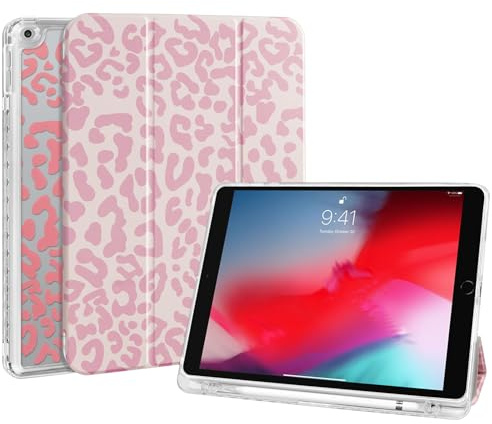 Fycyko Étui pour iPad 6e/5e Génération 2018/2017,iPad 9.7 Pouces Transparent Clair au Dos Coque avec Porte-Crayon et Support Trifold,Étui de Protection Cute Motif Rose Léopard