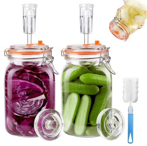 Snovire Fermentierglas 2 Stück 1.5L, Fermentationsglas mit Gärventi & Gewicht, Kimchi Behälter, Gärglas für Sauerkraut, Kimchi, Kombucha und Pickles, Mit Reinigungsbürste