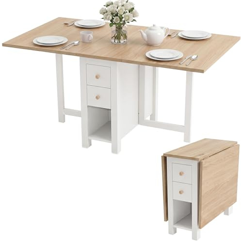 Blisswood Folding Drop Leaf Dining Table for 4–6 People, 150cm Extendable Kitchen Table with 2 Drawers & 3 Storage Shelves, Space Saving Painted Wooden Foldable Table for Apartments Dining Room, White