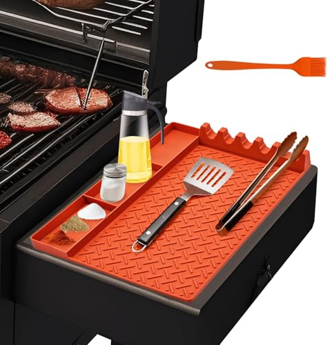 Yiomxhi silikon grillmatta för gasgrill sidobrännare, grill tillbehör sidobord matta BBQ bestickhylla, grilltillbehör spatelmatta för kök spis grill bänkskivor (orange)