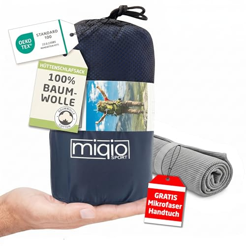MIQIO® 2in1 Baumwoll-Hüttenschlafsack Ultra leicht mit Reißverschluss (Koppelbar): Dünner Komfort Reiseschlafsack und XL Reisedecke in Einem - Sommerschlafsack Innenschlafsack