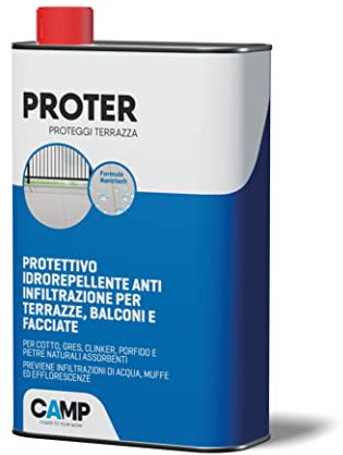 CAMP Proter Proteggi Terrazza - Impermeabilizzante Terrazzi Trasparente, Trattamento Consolidante Idrorepellente ad Azione Protettiva - Ideale per Prevenire Infiltrazioni su Superfici Esterne, 1 l