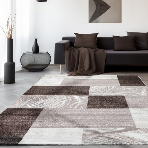 SIMPEX Teppich Wohnzimmer 120x170 cm Braun Modern Abstraktes Kariert Design Kurzflor Schlafzimmer Esszimmer Küche Jugendzimmer Waschbar Pflegeleicht Extra Weich