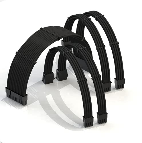 LINKUP - AVA 30cm Câble d’Extension PSU w/Manchon | Conception Personnalisable l’Alimentation GPU | Tressés w/Kit Peignes pour Câbles | 1x24P (20+4) | 2x8P (4+4) CPU | 2x8P (6+2) GPU | 300mm - Noir
