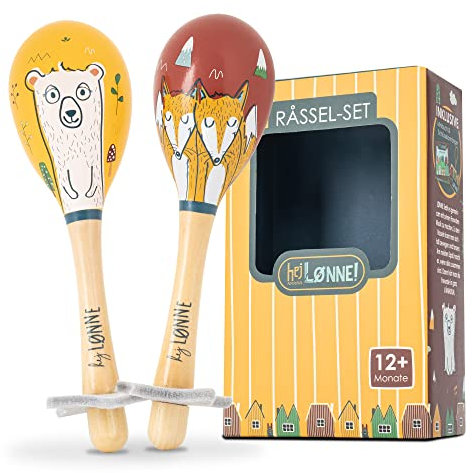 HEJ LØNNE Holz Rassel 2er Set - Maracas Kinder - Holz Musikinstrument zur Förderung von Motorik, Koordination und Sozialverhalten - Holzrassel Baby - Kinder Spielzeug