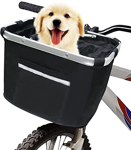 URBEST Bike Basket Pets Cat Dog Folding Carrier,Removable Bicycle Handlebar Front Basket, Quick Release and Easy to Install,Detachable Cycling Bag (Black Upgrade)