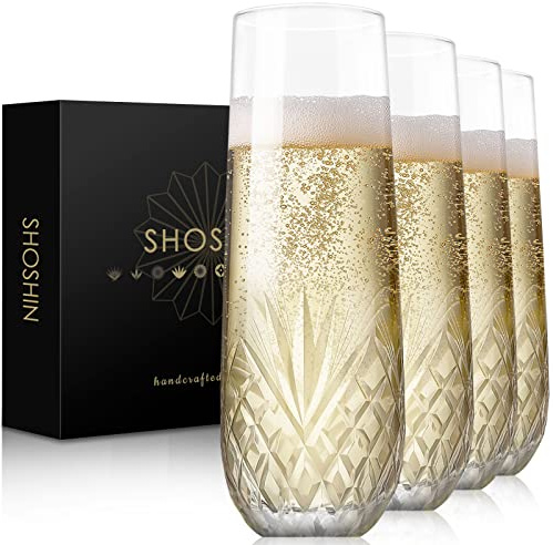 SHOSHIN Lot de 4 flûtes à champagne sans pied, faites à la main, pour griller des champagne, des cocktails, des mariages, des cocktails, des flûtes à vin, mimosa, verres à eau, verres highball, 270 ml