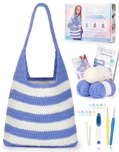 Katech Häkelset/Strickset für Tasche, Häkelnadel Set mit Bebilderter Schritt-für-Schritt-Anleitung(Englischen Version) & Häkelzubehör-Werkzeuge, Gestreifte Tasche Häkelset für Anfänger (Blau)