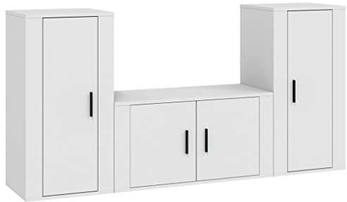 vidaXL TV Schrank Set 3-TLG., Wohnwand Wohnzimmer, Schrankwand Anbauwand mit Stauraum, Lowboard Fernsehtisch Wandmontage, Weiß Holzwerkstoff
