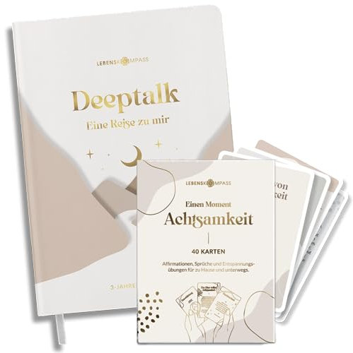LEBENSKOMPASS® 3 Jahres Tagebuch DEEPTALK Set mit 40 Achtsamkeitskarten mit Affirmationen, Inspirationen und Motivationskarten - Tagebuch Set für Selbstreflexion