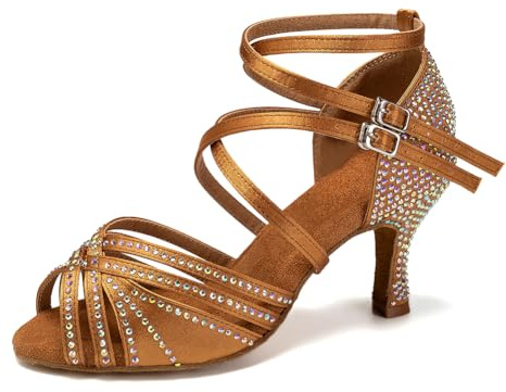 RUYBOZRY Zapatos de Baile Latino Mujer Brillantes Salsa Bachata Zapatos Baile de Salón Suela de Ante con Tacones 7,5cm Bronce EU 39