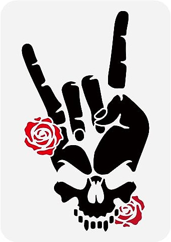 FINGERINSPIRE Rock 'N' Roll Schädel Malschablone 29.7x21cm - Rock Gesten Zeichenvorlage, Teufelshörner, Totenkopf Knochen, Rosen Zum Malen Auf Holzwänden