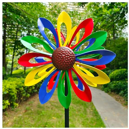 Sonnenblumen Windmühle, wetterfest und standfest Mit Stabiler Standstab Gartenstecker Metall Blumen, Windmühle für Rasen Garten Hof Dekoration,Color