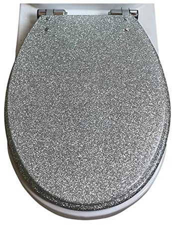 DRYFAL Glitter WC-Sitz, Motiv Glitter Toilettendeckel Mit Absenkautomatik Klodeckel Kunstharz, O Form Toilettensitz Mit Verstellbaren Scharnieren, 36 X 42 cm,Silber