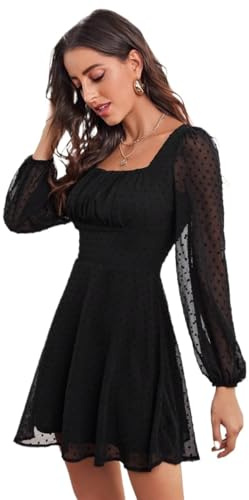 ARTANT Women's Casual Ruched Bust Lantern Sleeve DOT Short Dress High Waist Party Black Dress