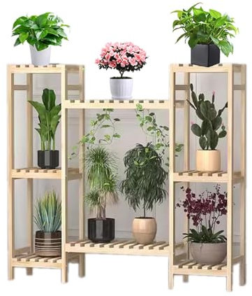 HUHJYUGE Blumenleiter Holz, Blumentreppe Ecke Draußen, Pflanzenständer Outdoor, Blumenregal Modern, Pflanzenregal Indoor, Blumenständer Holz Wohnzimmer, für Innen Garten Balkon Deko