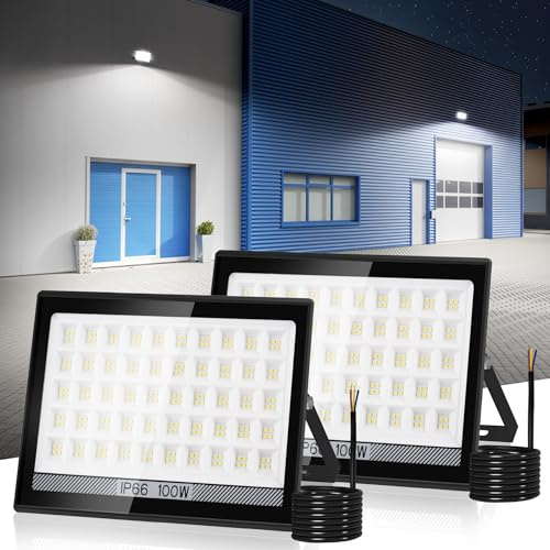 NATPOW Outdoor Security Lights, 100W Flood Lights Outdoor 144 LEDs 6000K LED Garden Floodlights 11000LM, IP66 Waterproof Upgrade Wall Light for Garage, Warehouse, Parking Lot, Yard, Backyard(2 Pack)