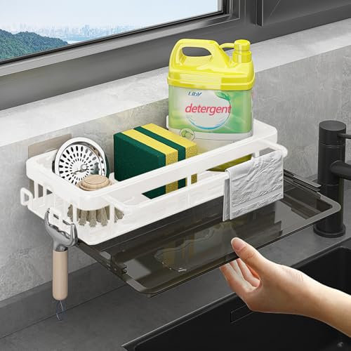 FOXWHALE Spülbecken Organizer,Haken Waschbecken Organizer Wand Hängend Ohne Bohren Selbstklebend Badezimmer Spüle Organizer für Küchenzubehör Schwamm/Bürste/Spülseife (Weiß)