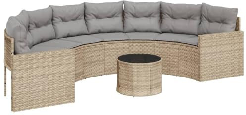 vidaXL Gartensofa mit Tisch und Kissen Halbrund Beige Poly-Rattan, Terrassensofa, Loungesofa, Loungemöbel, Outdoor Sofa, Lounge Set, halbrundes Sofa