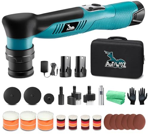 AUTIWOZ Lucidatrice per auto, mini lucidatrice 30 mm/75 mm, 6 velocità di rotazione & eccentrica, mini kit di lucidatura auto per dettagli e ceretta, con cassetta degli attrezzi, W62