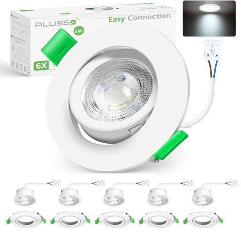 ALUSSO LIGHTING Downlights for Ceiling Ultra Slim 5W, Swivel LED Recessed Ceiling Lights, Cool White 6000K Downlights Non-Dimmable, IP44 Round Bathroom Spotlights for Kitchen Living Room, 6 Pack