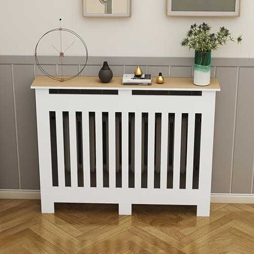 White Modern Radiator Cover,Bathroom Floor Cabinet, Cooling And Ventilation, Top Storage,Protective Heating Cabinet Modern Vertical Grill Slats,Living Room Bedroom Hallway Decorative(L80*H90*W25cm/31*