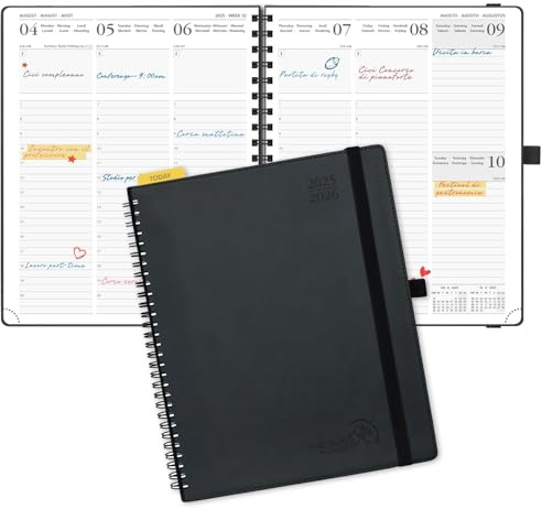 POPRUN Agenda 2025 2026 Semana Vista 26,5 x 21,5 cm, Semanal 17 Meses de Ago.2025 a Dic.2026, Planificador en Espiral, Tapa Blanda, 80 GSM Papel, Negro