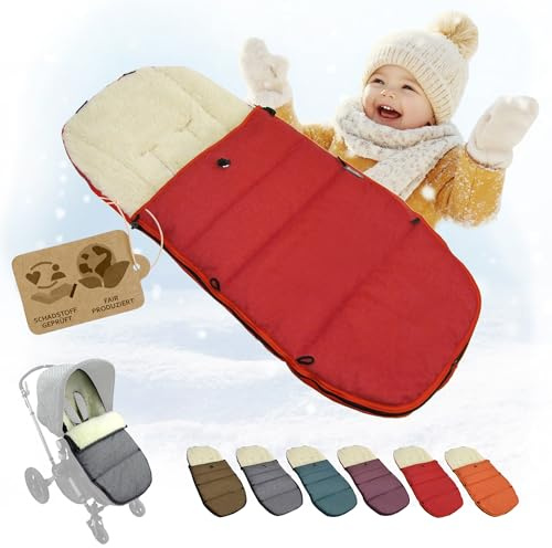 Fotsäck [vinteråkpåse] babyåkpåse kompatibel med Bugaboo barnvagnsmodeller lammull sittdyna, justerbar (röd)