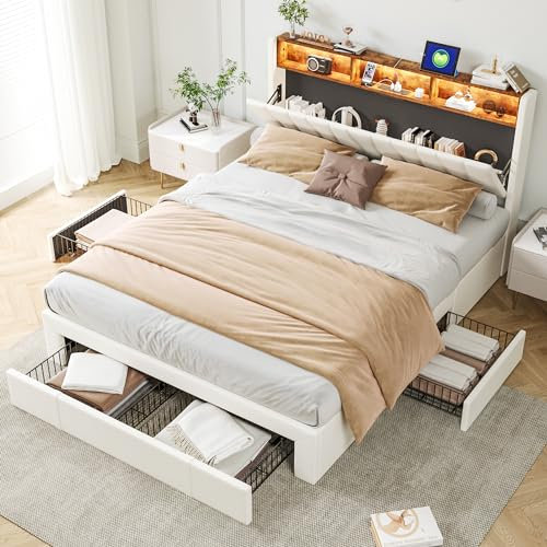 GisooM Polsterbett mit USB und LED-Kopfteil und 4 Schubladen, Doppelbett 140x200cm,Bett Jugendbett Stauraumbett Funktionsbett Rückenlehne Bettgestell mit Holz Lattenrost, Beige (160 * 200cm)