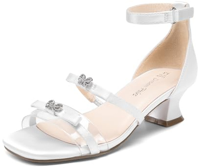 DREAM PAIRS Girls Sandals Low Heel Dress Pump Ankle Strap Two Strapped Bow Flower Wedding Party Shoes for Little Kid/Big Kid,Size 5 Big Kid,White,KKUMHS2503