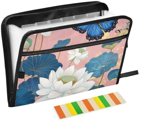 Anpassbare Hängemappe mit weißen Blumen, Blüten, Tier, Schmetterling, erweiterbar, 13 Taschen, A4, Briefform, Erweiterungsmappe mit Reißverschluss, für Büro, Schule
