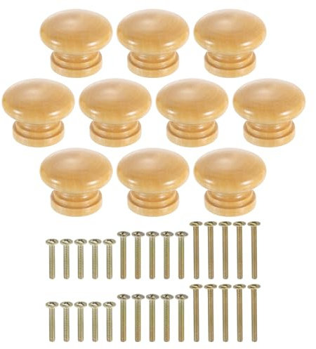 sourcing map Round Wood Drawer Knob 1.3 x 0.98 10Pcs Wood Color | Round Cabinet Knobs Mushroom Shape Paint Surface Wooden Knobs with Screws for Furniture Drawer Dresser Wardrobe Cupboard