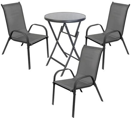Mojawo Elegantes 4-teiliges Bistro-Set für Garten, Balkon & Terrasse | Bistrotisch + 3 Stapelsessel Metall/Textilen Anthrazit