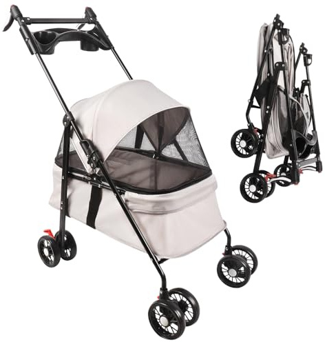 Poussette de voyage pliable pour chiens et chats, poussette de jogging pour chat avec roues, porte-gobelet, auvent réglable, grand panier de rangement et maille visible