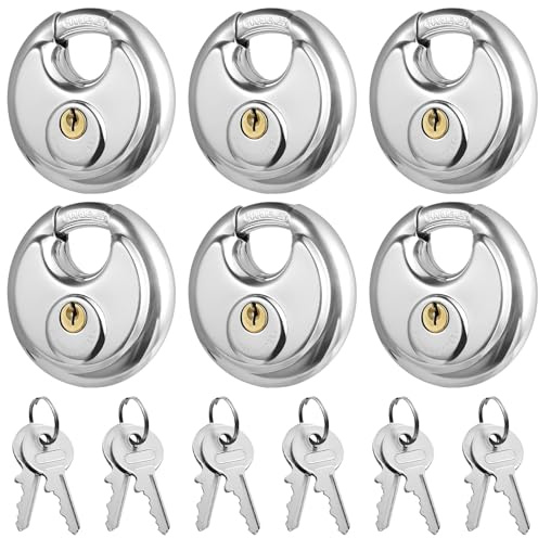 6 Pack Keyed Alike Discus Padlocks, Round Discus Locks with 12 Same Key | Heavy Duty Stainless Steel Keyed Alike Disc Locks, Waterproof Security Locks for Storage Unit Sheds Garages Gym Fence