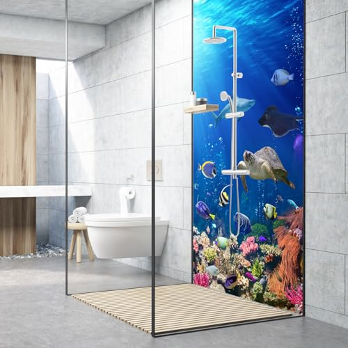 Dedeco Premium Bad Duschrückwand mit Motiv: Ozean V2, 90x200cm, UV-Lack matt, wasserfest, hochwertige fugenlose Wandverkleidung aus 3mm-Alu-Verbundplatte, Fliesenersatz ohne Bohren