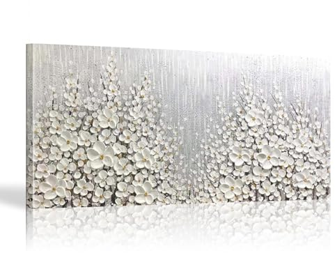 18meng Art Abstrakt Silber und Weiß Leinwand Bilder Kunstdrucke Minimalistisch Botanische Blumen Bilder auf Leinwand für Modern Wohnzimmer Schlafzimmer Wanddeko Poster 120x60 cm No Framed
