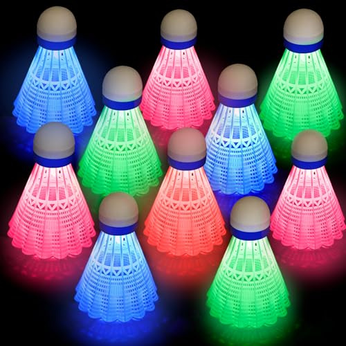 GothicBride 10 stycken LED-fjäderbollar, set med fjäderbollar, badminton, bollar, nylon, sport, badminton för inomhus och utomhus