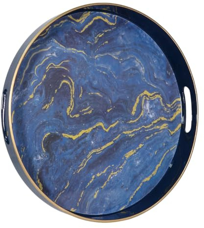 Heaven4you Round Serving Tray 33cm Blue Marble Gold Trim Handles Circular | 33cm round, blue marble effect with gold trim, cut-out handles. Wipe-clean, food-safe. Ottoman, coffee table, vanity