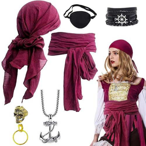 HBSFBH Mittelalter Piratenkostüm Zubehör Set, Piraten Accessoires Set, Piratenkostüm Herren Damen, Piraten Verkleidung Accessories Kopftuch Augenklappe Ohrringe Halskette Armband Hüfte Tuch