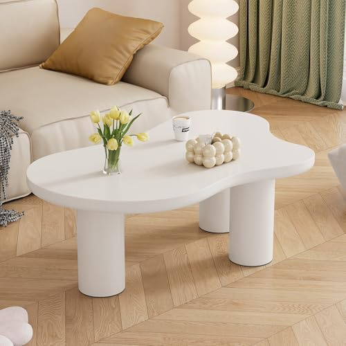 OKMYHOME Table Basse - Table d’appoint Nuage Design avec Pieds PVC et Feutre, MDF, Blanc, 107x66x40,5 cm