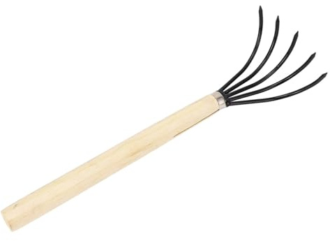 Rastrello manuale professionale da giardino 5 denti in acciaio con manico in legno Coltivatore ergonomico con artigli per la preparazione del terreno Piantare fiori Verdure (Manico lungo)