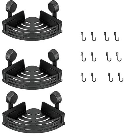 Pack de 3 cestas de ducha triangulares con ventosas y 12 ganchos, estantería de esquina con ventosas, estantería de ducha sin taladrar para baño y cocina (3, negro)